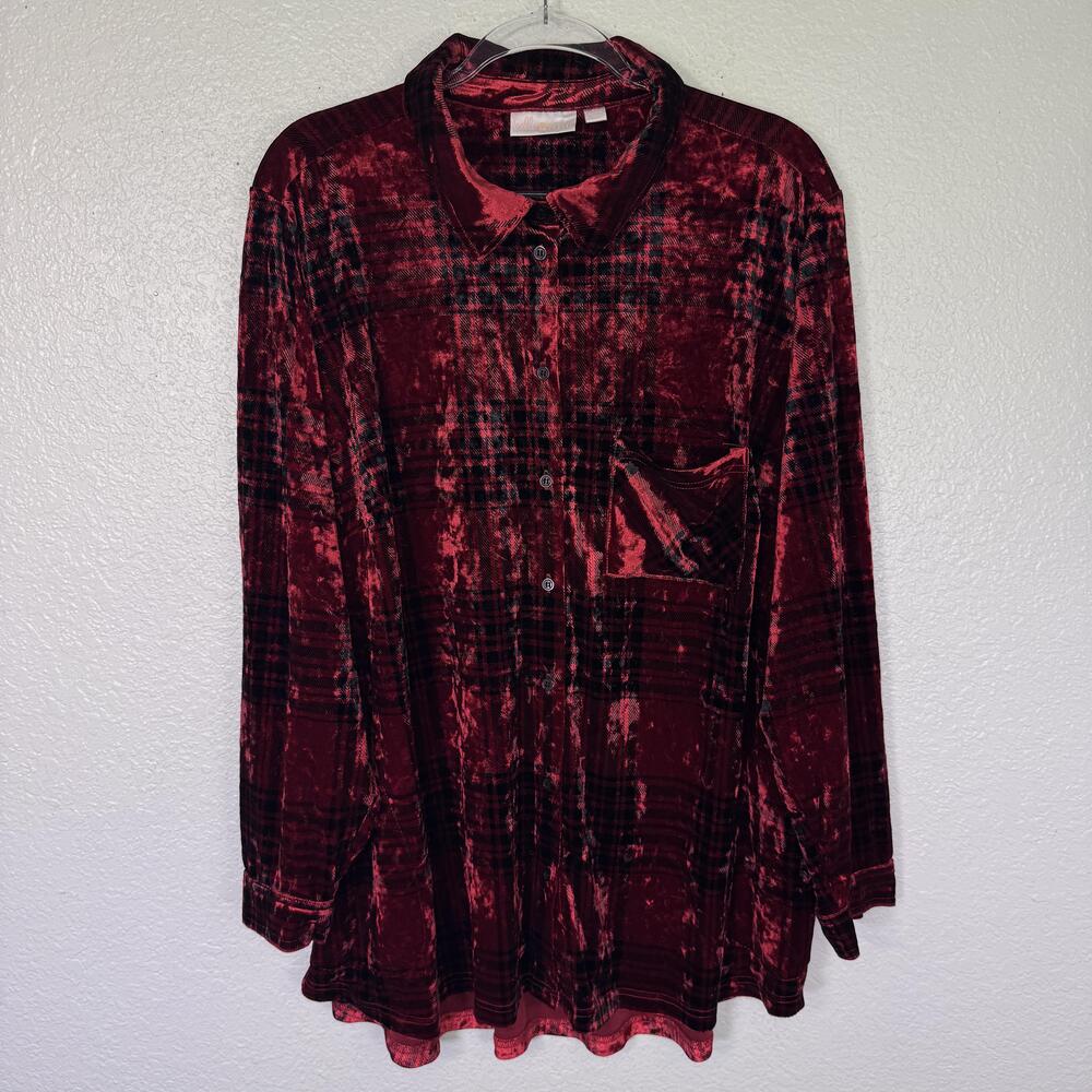 Belle By Kim Gravel Top Womens Plus 3X Velvet Plaid Tunic Button Up Shirt Red